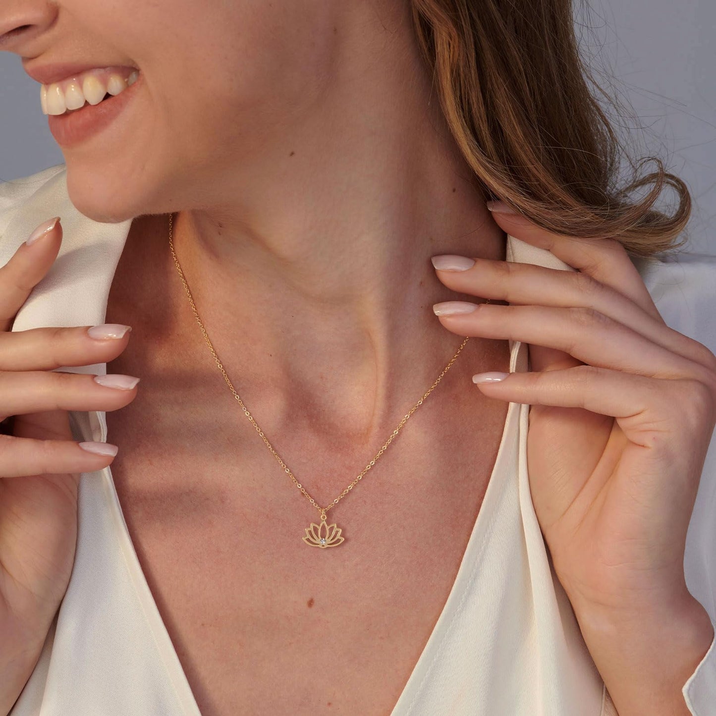 VRIUA Lotus Flower Necklace for Women 14k Plated Tiny Diamond Lotus Pendant Dainty Necklace Minimalist Simple Jewelry