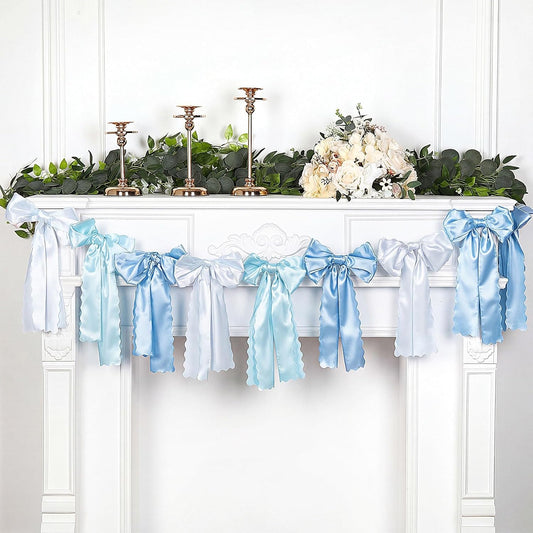 VitalCozy Blue Bow Garland - Pre-Strung Satin Ribbon Decor for Bridal Showers & Birthday Parties