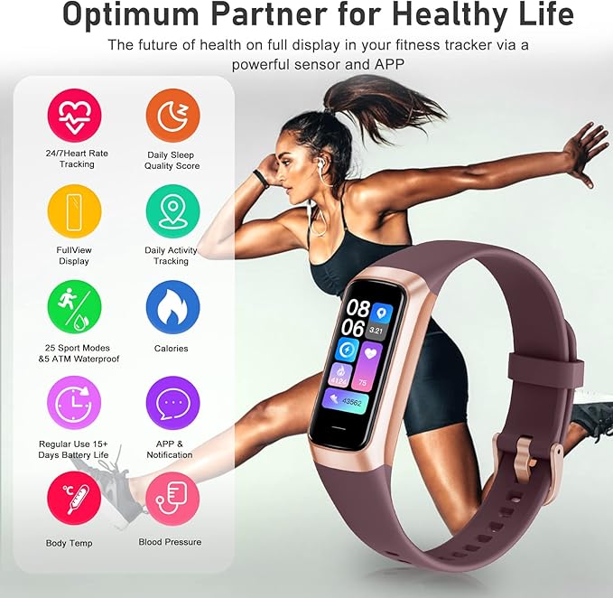 Fitness Tracker with 24/7 Heart Rate, Blood Oxygen Blood Pressure Sleep Monitor, Activity Trackers 5 ATM Waterproof,Step Calorie Counter Pedometer Health Smart Watch for Women Men Bordeaux