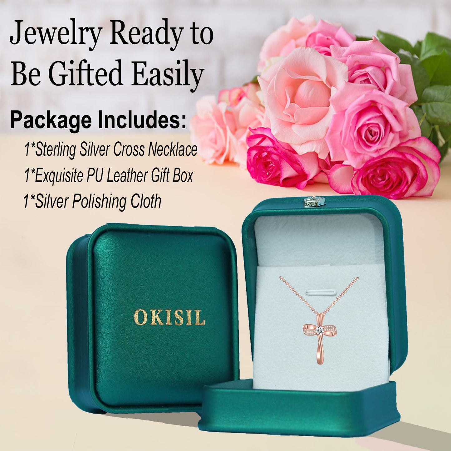 OKISIL 18K Gold Plated Cross Necklace for Women, S925 Sterling Silver Necklace for Women, Infinity Loop Pendant Jewelry with 5A Cubic Zirconia, Anniversary Birthday Christian Gifts for Women Her Wife (Rose gold)