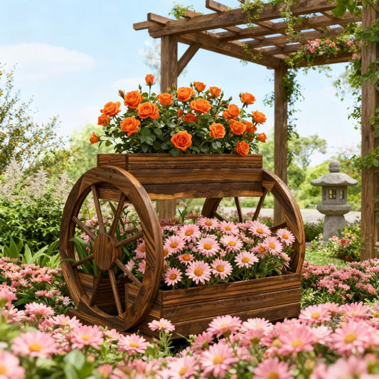 Outdoor Planter,Wooden Wagon Planter Box,3 Tier Raised Garden Bed,for Vegetables Flowers Herbs