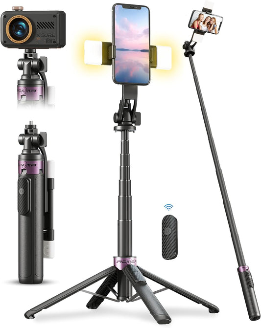 ACKIMA 53'' 4-Leg 2 Selfie Stick Tripod with Light, Enhanced Cell Phone Stand Camera Tripod with Rechargeable Wireless