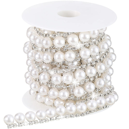 2 Yards Rhinestone Trim Pearls and Diamonds Crystal Chain Rhinestones Pearl Chain for Craft Rhinestone and Pearl Trim Applique Pearl Beaded Rhinestone Bridal Embellishments for Wedding (Classic Style)
