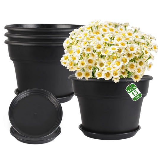 Myfeegoin 13-inch-Plant-Pots, 4 Pack Large Planters for Outdoor Plants, Plastic Flower Pots Indoor with Drainage Holes & Trays, Classic Garden Pot Container for House