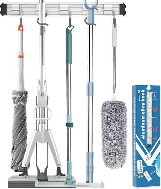 Skiennix Mop and Broom Holder - Wall-Mounted Organizer with Movable Hooks | Modern Aluminum Alloy, Black