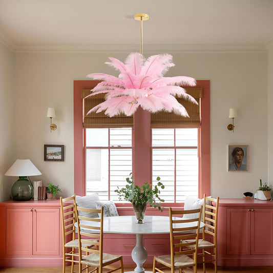 NZV Pink Feather Chandelier - Romantic Ostrich Feather Pendant Light for Girls' Room | 23.6in E14 Base