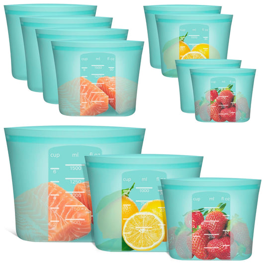Annaklin Reusable Food Bags, 8 Pack 100% Silicone Food Storage Bags Stand Up Zip Lock Container, Freezer Microwave Oven Dishwasher Safe, 4 Medium 2 Small 2 Extra Small, Aqua