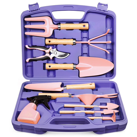 Grenebo 12-Piece Womens Gardening Tools Gift Set, Rust-Proof & Heavy-Duty Garden Tools with Durable Carrying Case, Fashionable & Thoughtful Gardening Gifts for Women&Men (Purple-Pink)