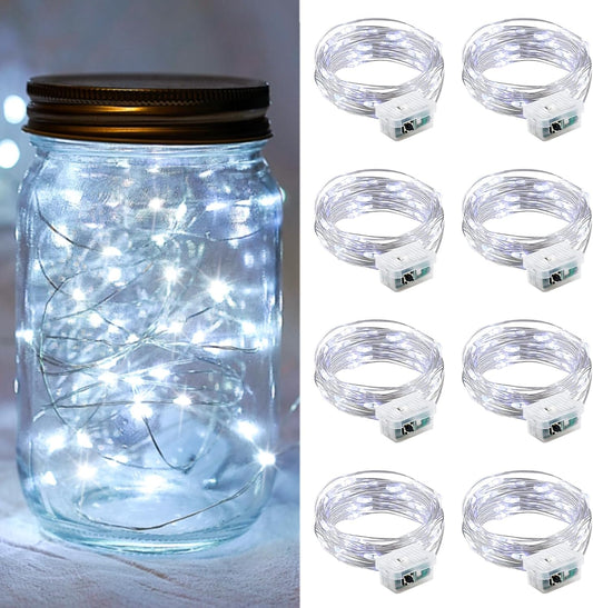 Skiennix 8-Pack White Fairy Lights - 7Ft 20 LED Twinkle String Lights | Battery Operated & Waterproof for Weddings, Parties, and Home Decor