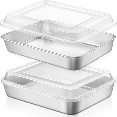LIANYU Stainless Steel Baking Pan Set - 2 Pack Rectangle Sheet Cake Pans with Lids, 12⅓ x 9¾ x 2 Inch, Non-Toxic & Dishwasher Safe