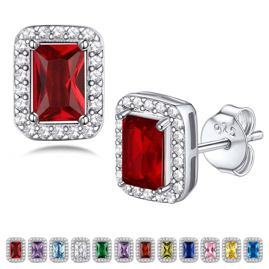 Bestyle 925 Sterling Silver Created Diamond Earrings Square Studs for Women, 5mm January Granet Birthstone Gem Earrings Illuminated by 1mm White Cubic Zirconia