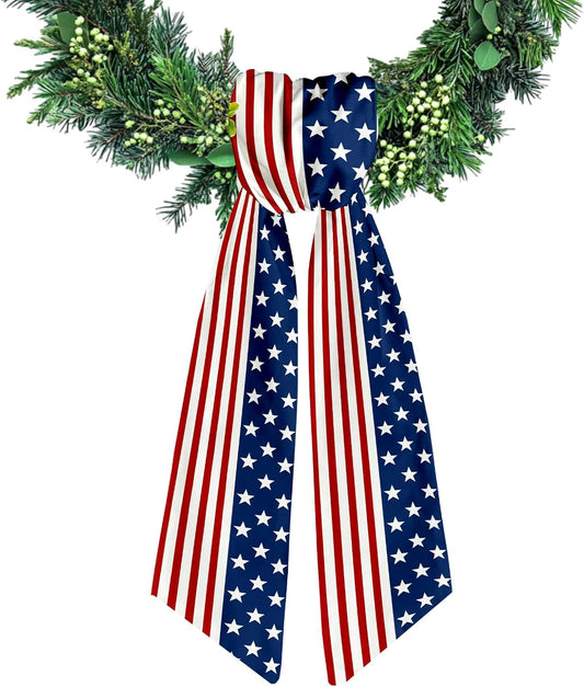 Patriotic Wreath Sash - Red & White Stripe Satin Ribbon | Star Garland for Indoor/Outdoor Decor, 5.1 x 54.3