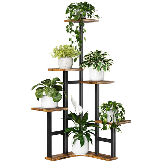 Yzosvki Corner Plant Stand Indoor, 6 Tiered Corner Plant Shelf Flower Stand for Multiple Plants, Plant Shelves Organizer Rack for Living Room, Balcony, Patio, Garden, Square Rustic Brown