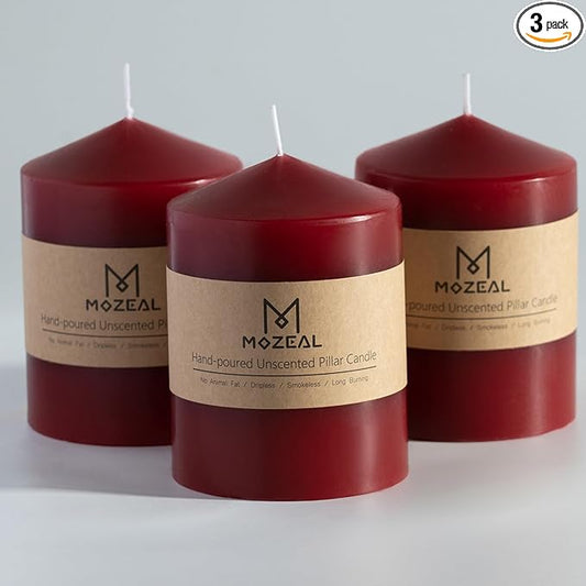 MOZEAL 3" x 4" Hand-Poured Unscented Dark Red Pillar Candles,Dripless Candles Set of 3,Smokeless,Clean Burning,Approx 60 Hours Burn Time,Dinner,Christmas and Home Decorï¼? Inch Width Seriesï¼?Bordeaux