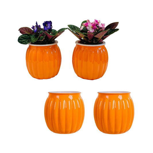Cornasee 4" Pumpkin Planter Self Watering Pot for Halloween Decor, 4-Pack Small Plastic Planters for Indoor Plants,Flowers,Succulent,African Violets (Orange, 4")