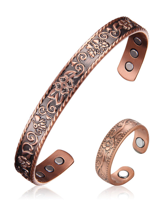 BioMag 99.99% Pure Copper Bracelet&Ring for Men and Women, Adjustable Magnetic Bracelet & Ring with Built-in Strong Magnets, Elegant Vintage Flower Design, Jewelry Christmas Gift