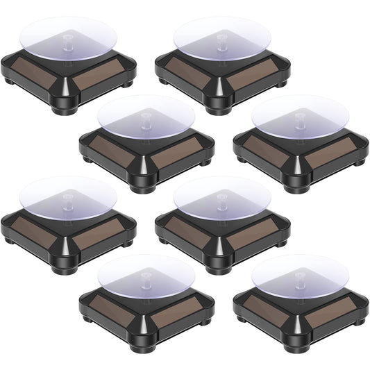 Xuhal 8 Pcs Solar Rotating Stand Turntable Battery Powered Double Use Solar Display Stand Jewelry Spinner 360 Degrees Solar Showcase Base Watch Hobby Collection Shelf for Table (Black)