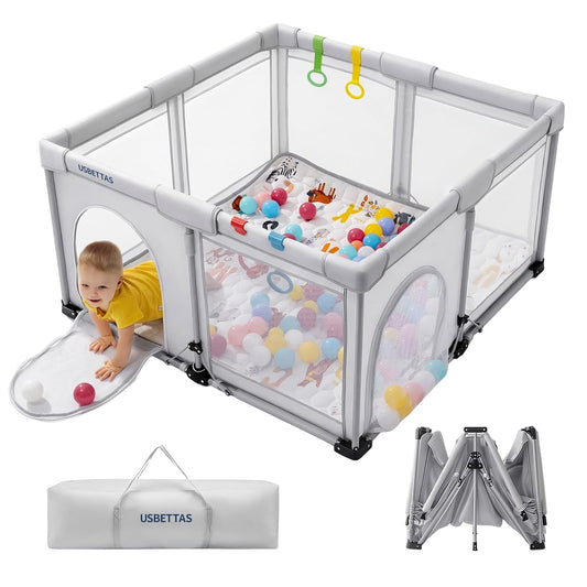 Skiennix Foldable Baby Playpen - Lightweight Portable Design with 1-Minute Setup | 50"x50" Light Gray Indoor/Outdoor Safety Yard