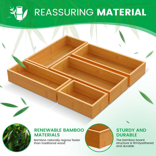 Bayting Bamboo Drawer Organizer Set, 5-Piece Storage Trays for Kitchen, Bathroom, Office Desk, Makeup & Junk Drawers,Utensils