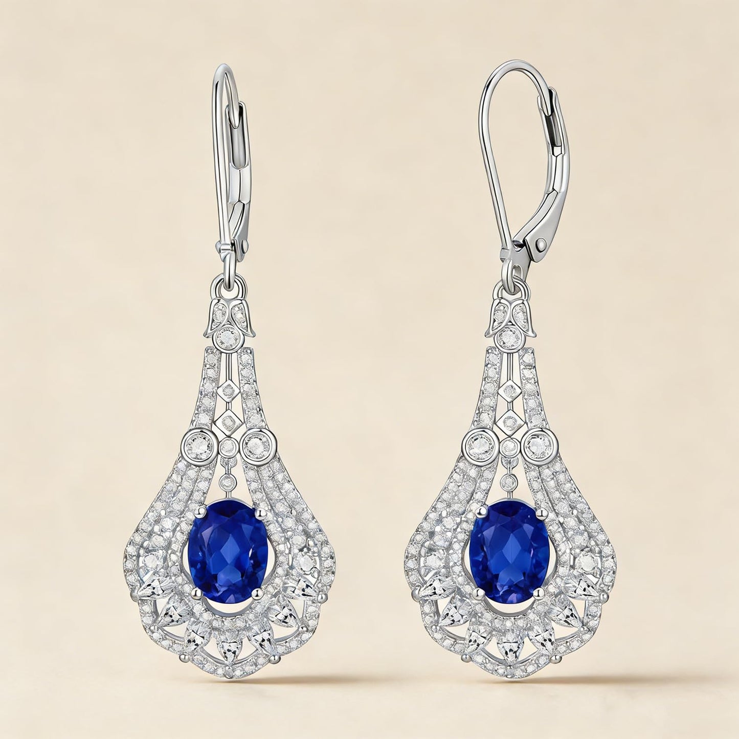 Lvoryance 1.5CT Created Blue Sapphire Earrings 925 Sterling Silver 6mm * 8mm Oval Cut September Birthstone Drop Earrings for Women