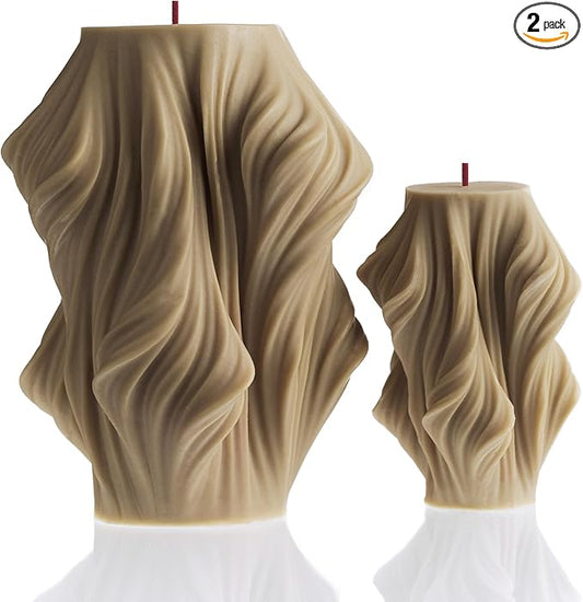 LAWA Cascading Wave Candle - Large Beautiful Handmade Pillar Scented Soy Wax Elegant Bubble Aesthetic Candle Housewarming Gift Home Room Shelf Decor Idea Olive Beige (Set of 2)