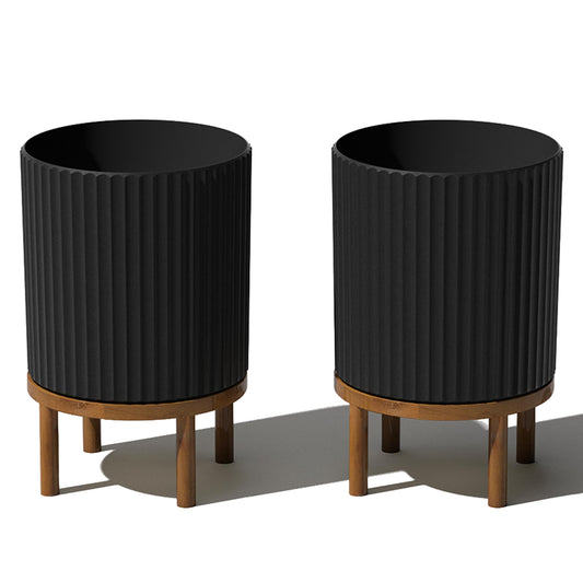 Veradek Demi Series Round Planter w/Stand for Porch/Patio | Durable Plastic-Stone Composite & Wooden Stand | Modern Décor for Tall Plants, Flowers