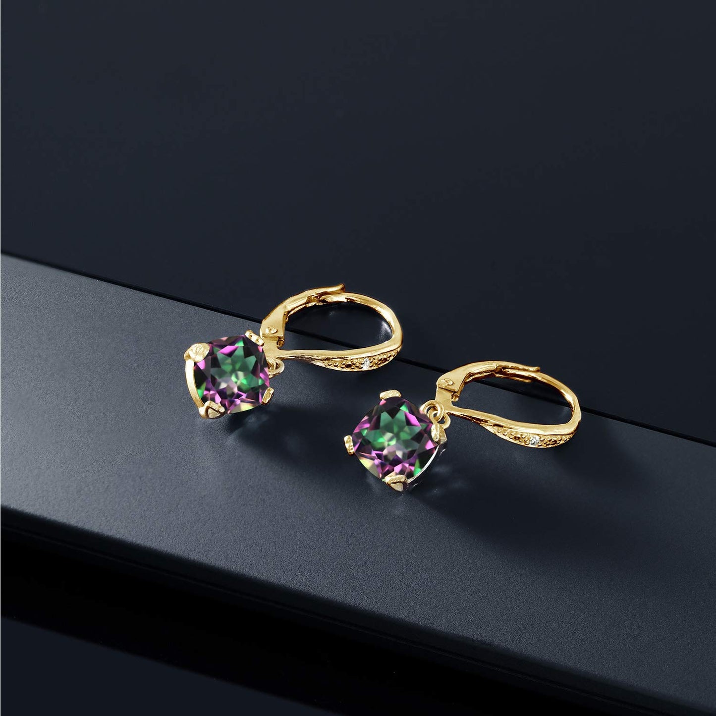 Gem Stone King Drop Dangle Earrings For Women | 7MM Cushion Cut Gemstone Birthstone and Diamond | 925 Sterling Silver | Jewelry Gift for Mom Wife Her | Green Mystic Topaz | Yellow Gold