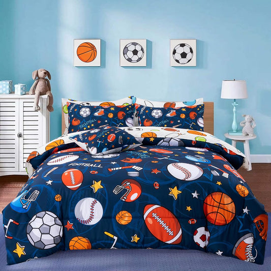 A Nice Night 6Pcs Bed in A Bag Full Sports Microfiber Modern Comforter Set,Navy Rugby Ball Printed Bedding Collections,for Boys Kids Teen