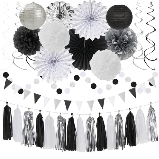 Black White-Silver Party-Decorations - 33pcs Kits Banner,Graduation Streamer Tassel Garland,Tissue Pom Poms Honeycomb,Paper Lantern Fans,Birthday Wedding Baby Bridal Shower New Years Decor Hugtmr