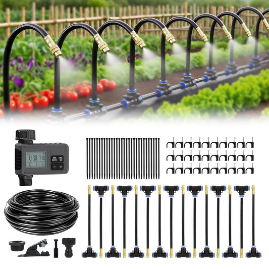 50FT Drip Irrigation System,Everything You Need for Patio & Garden Watering – 15 Nozzles, Easy-Set Timer, and 5/16 Inch Hose for Greenhouse or Lawn Care