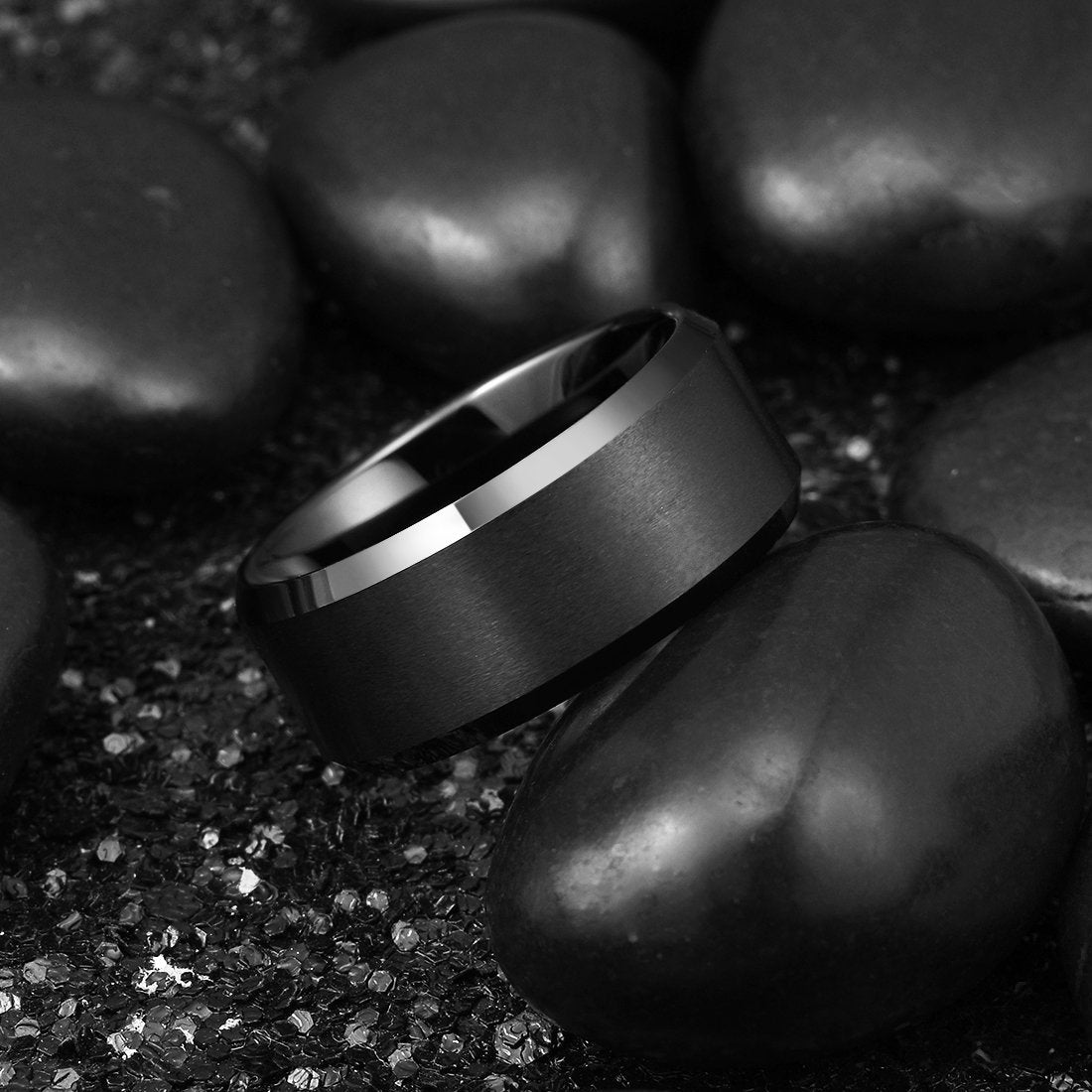 King Will 10mm Men's Black Wedding Ring - Brushed Matte Surface, Beveled Polished Edge, Comfort Fit Size 16
