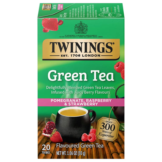 Twinings Green Tea - Pomegranate, Raspberry & Strawberry Flavor - 20 Individually Wrapped Bags