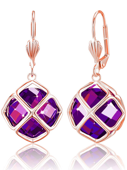 Big Dark Purple Crystal Dangle Earrings for Women (Feb-Amethyst-Rose Gold)