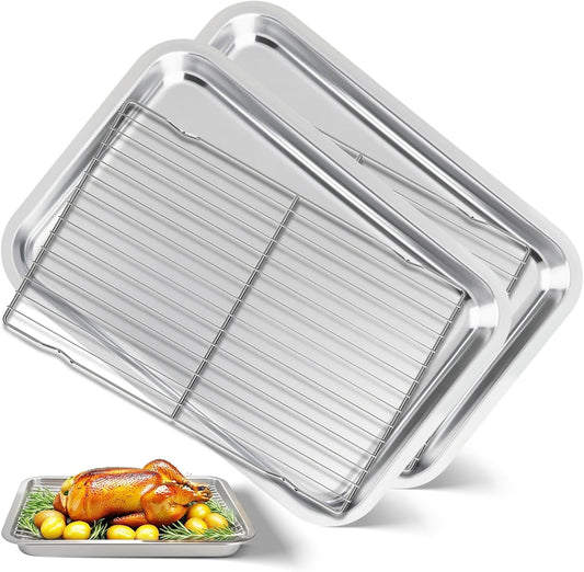 Skiennix Baking Sheet Set - 4-Piece Stainless Steel Cookie Pans with Cooling Racks | Non-Toxic, Dishwasher Safe, 16 x 12 x 1 Inch