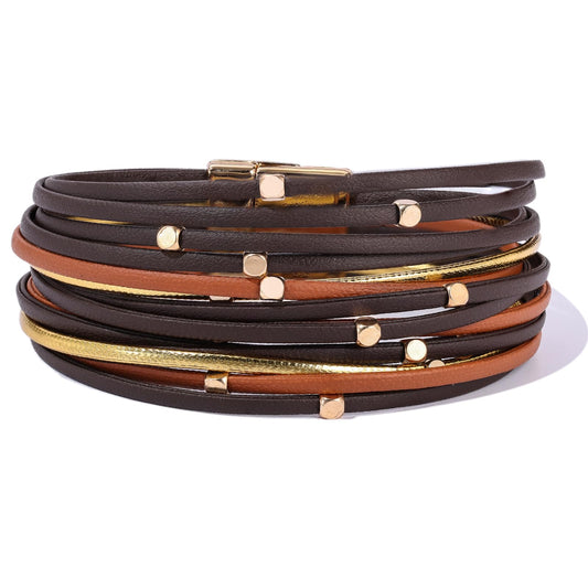 Becklynn Boho Leather Wrap Bracelets Beaded Crystal Stackable Cuff Bracelet with Magnetic Clasp Cowboy Cowgirl County Concert Outfits Western Jewelry Gifts for Women(Beaded Brown)