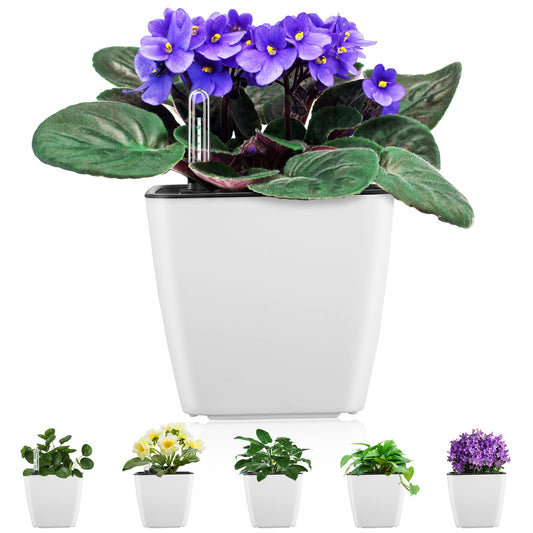 GS Garden Self Watering Planters for Indoor Plants, 5.2 Inch 6 Pack Square Plastic Plant Pots with Water Level Indicator & Drainage System for African Violet Herbs Succulents - White