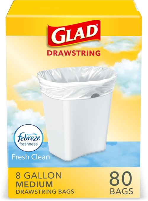 Glad Medium Trash Bags - 8 Gallon Febreze Fresh Clean Garbage Bags with Odor Control | 80 Count