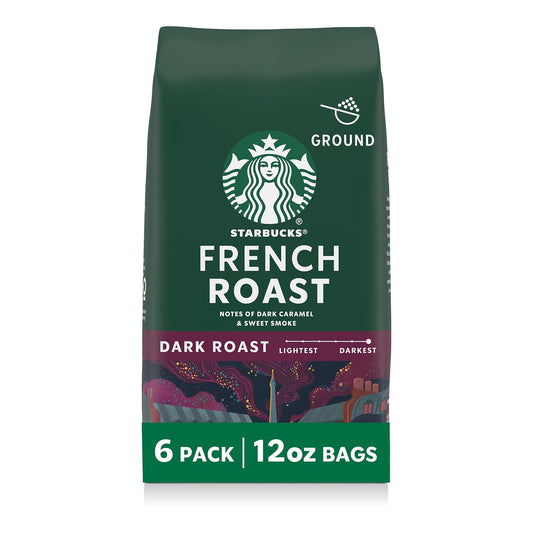 Starbucks Ground Coffee - Dark Roast for Hot or Iced Beverages | French Roast, Six 12 oz Bags