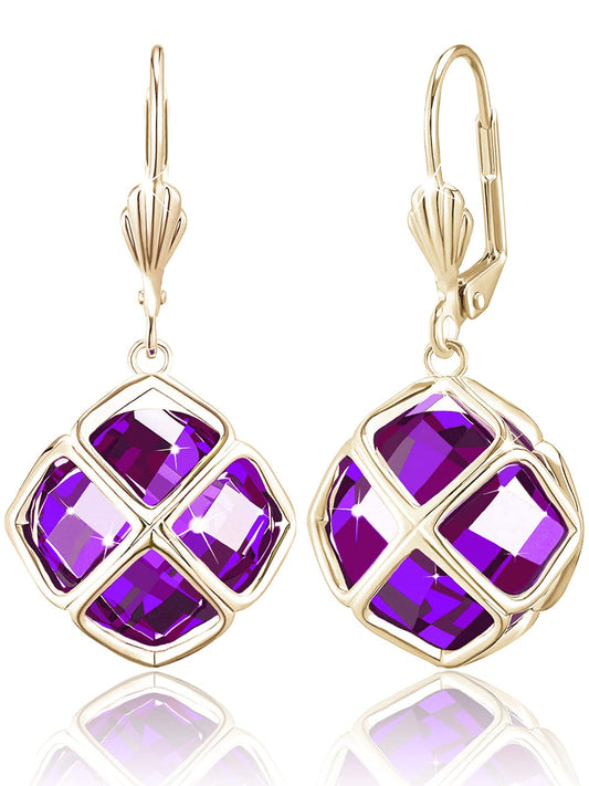 Big Dark Purple Crystal Dangle Earrings for Women (Feb-Amethyst-14K Gold)