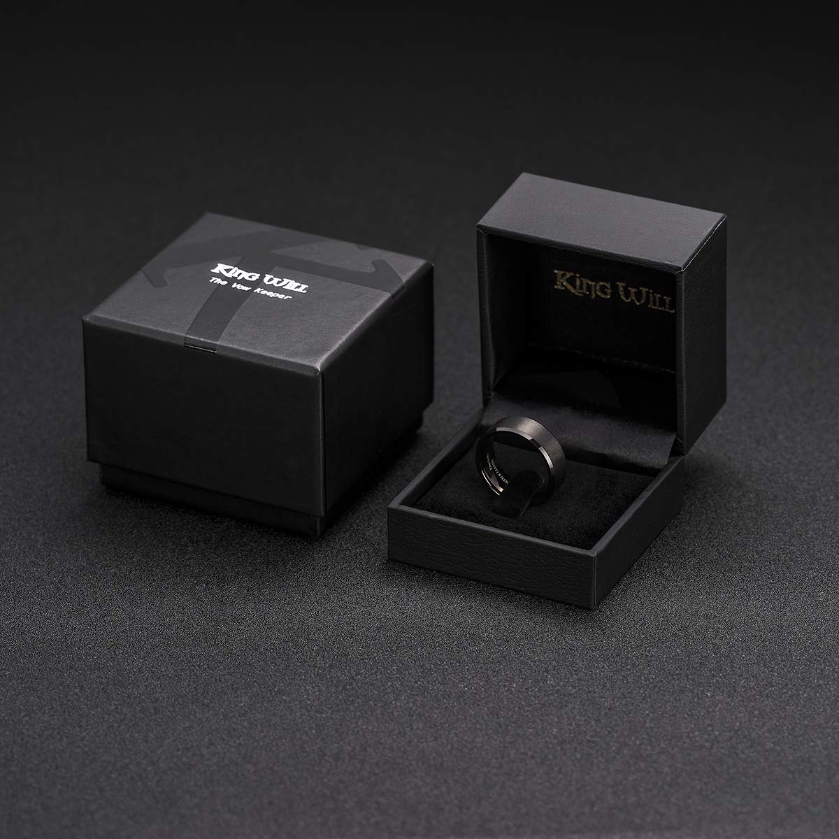 King Will 9mm Men's Black Wedding Ring - Brushed Matte Surface, Beveled Polished Edge, Comfort Fit Size 13