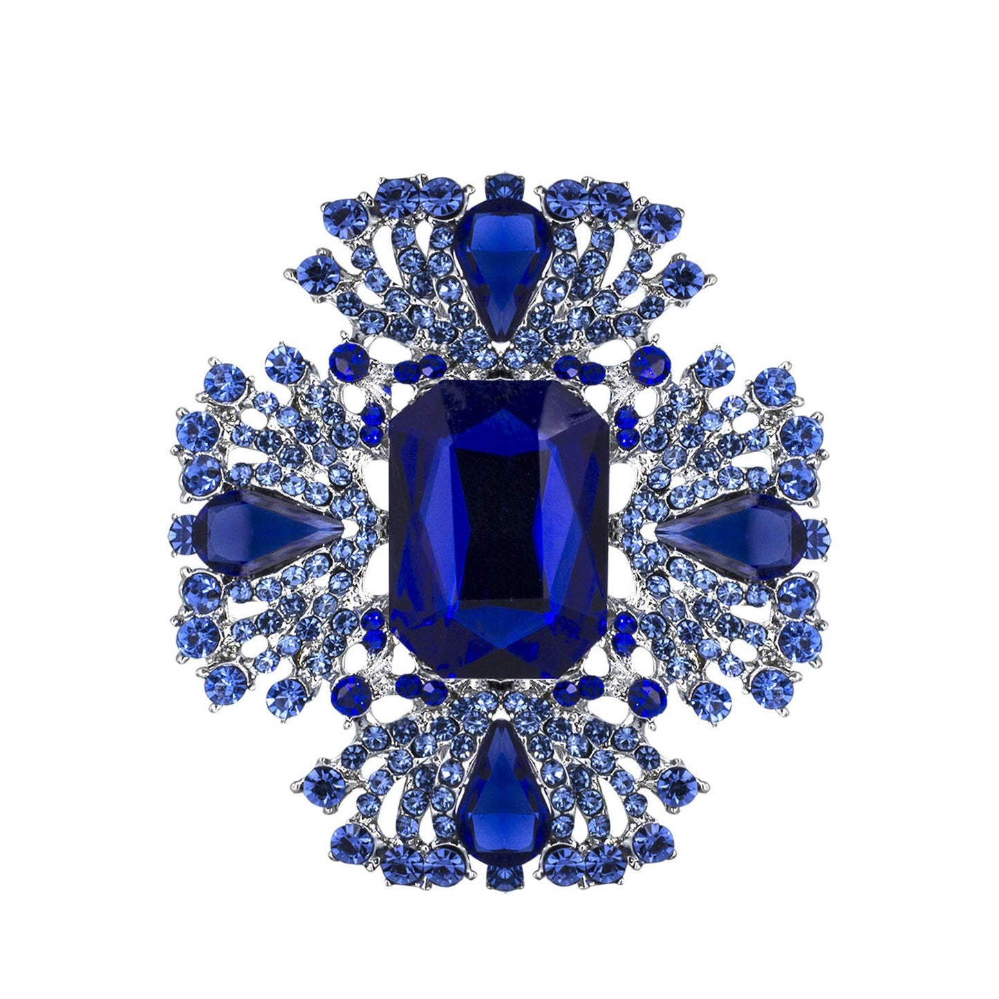 YOQUCOL Vintage Blue Austrian Crystal Rhinestone Cross Flowers Shaped Brooch Pin Elegant Jewelry For Women