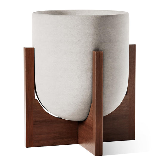 LE TAUCI 12 Inch Plant Pot with Acacia Wood Stand, Ceramic Large Planters for Indoor Plants, Indoor Pots for Plants Office Living Room, Cylinder Planter with Drainage Hole and Plug, Neutral Gray