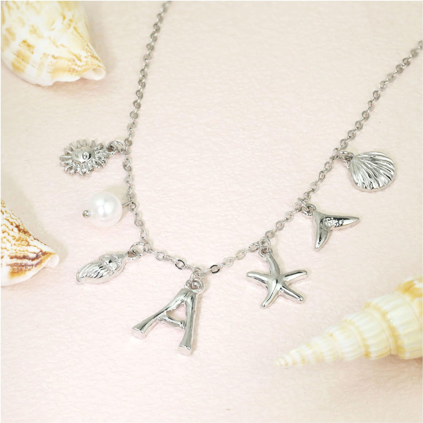 JALZEMPL Initial Charm Necklace For Women Seashell Shell Letter Boho Summer Beach Starfish 14k Gold Plated Silver Pendant Surfer Jewelry Gifts (A,Silver)