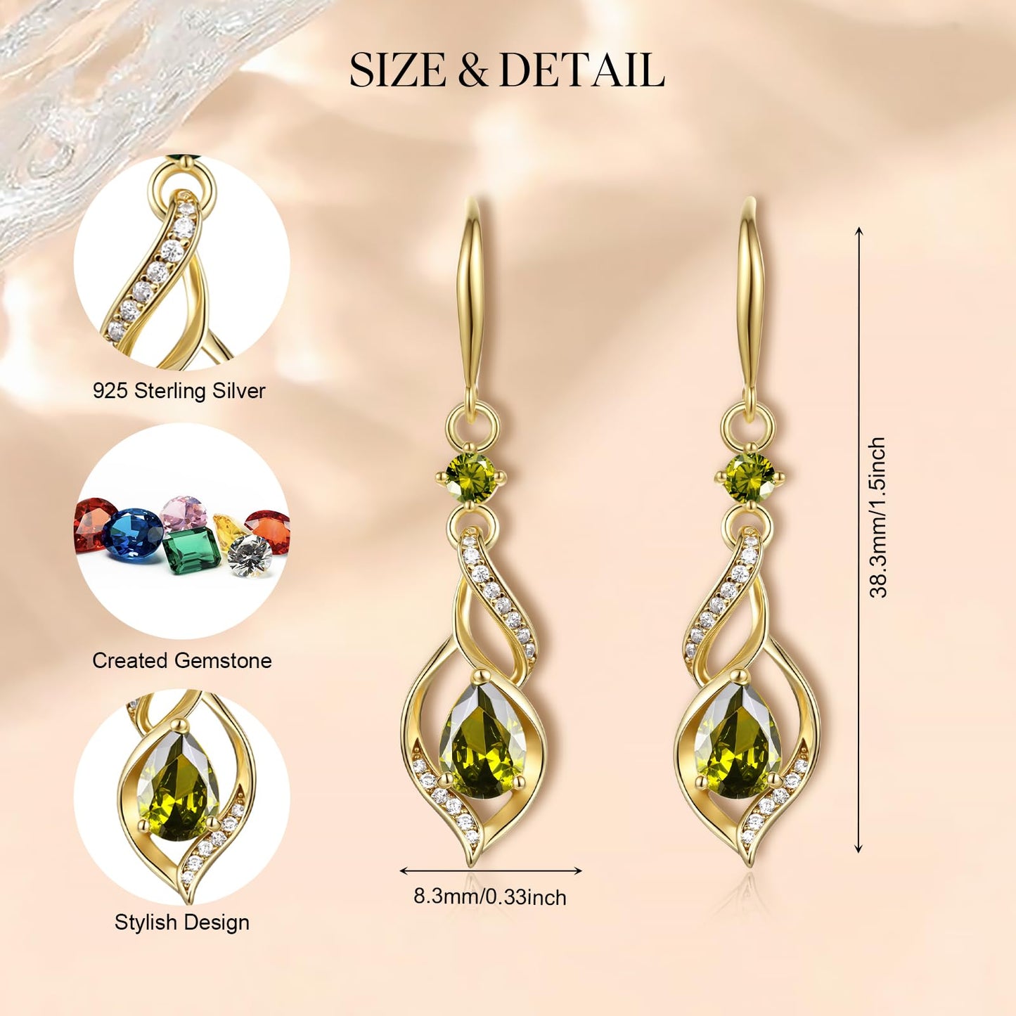 FANCIME 14K Gold Plated August Birthstone Dangle Earrings for Women Teardrop Peridot Earrings S925 Sterling Silver infinity Love Birthday Gifts for Mom Women