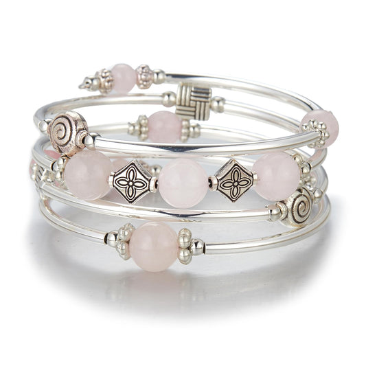 Beaded Pearl Bangle Wrap Bracelet - Fashion Bohemian Jewelry Multilayer Charm Bracelet with Thick Silver Metal Beads, Gift For Women(Pink crystal)