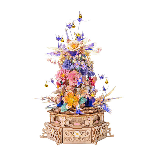 MU 3D Metal Puzzles for Adults Feast of Flower, 3D Wooden Puzzles Metal Model Kit Building Wood Flowers Kits DIY Craft Set with Music Box Lighting, Birthday Hobby Gift Home Desk Decor