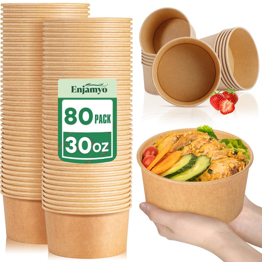 Enjamyo 30 Oz Large Paper Bowls,80Pcs Disposable Soup Bowls Bulk,Kraft Paper Salad Bowl without Lids,Disposable Serving Bowl for Soup,Hot/Cold Food,Salad,Ice cream,Dessert