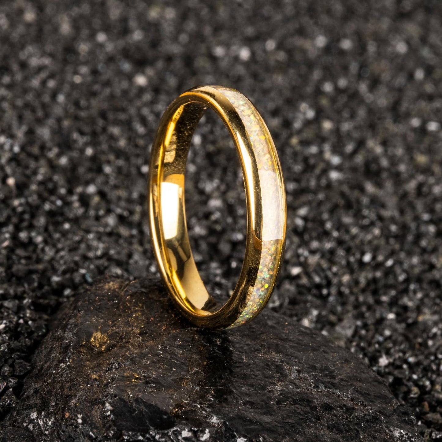 JEWPER 4mm Men Womens Wedding Band Tungsten Rings Gold Fashion Promise Carbide Inlaid White Opal Matte Finish Edge Comfort Fit Size(6)