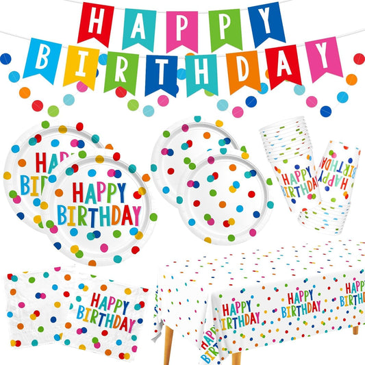 Birthday Party Supplies Set for 25 Guests, Polka Dot Happy Birthday Decorations Kit with Plates, Napkins, Cups, Tablecloth, Banner & Balloons, Colorful Unisex Party Decor