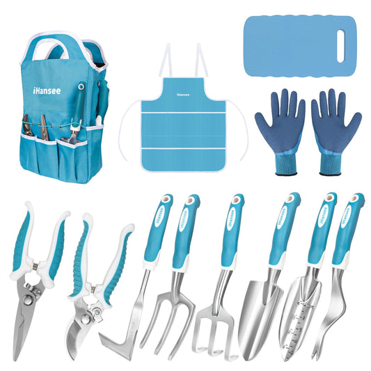 Blue Garden Tool Sets 12-Piece, Aluminum Gardening Hand Tools w/Ergonomic Handle, Garden Supplies Organizer Handbag, Kneeling Pad, Apron and Gloves, Gift for Women, Garden Starter Kit for Women